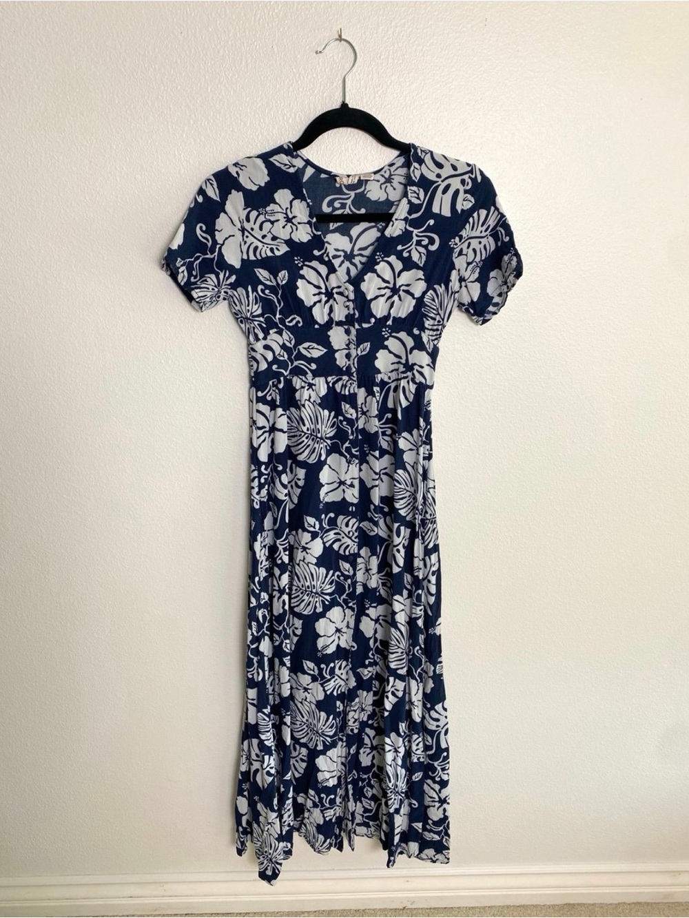 Roxy navy Hawaiian floral maxi dress with a button down front